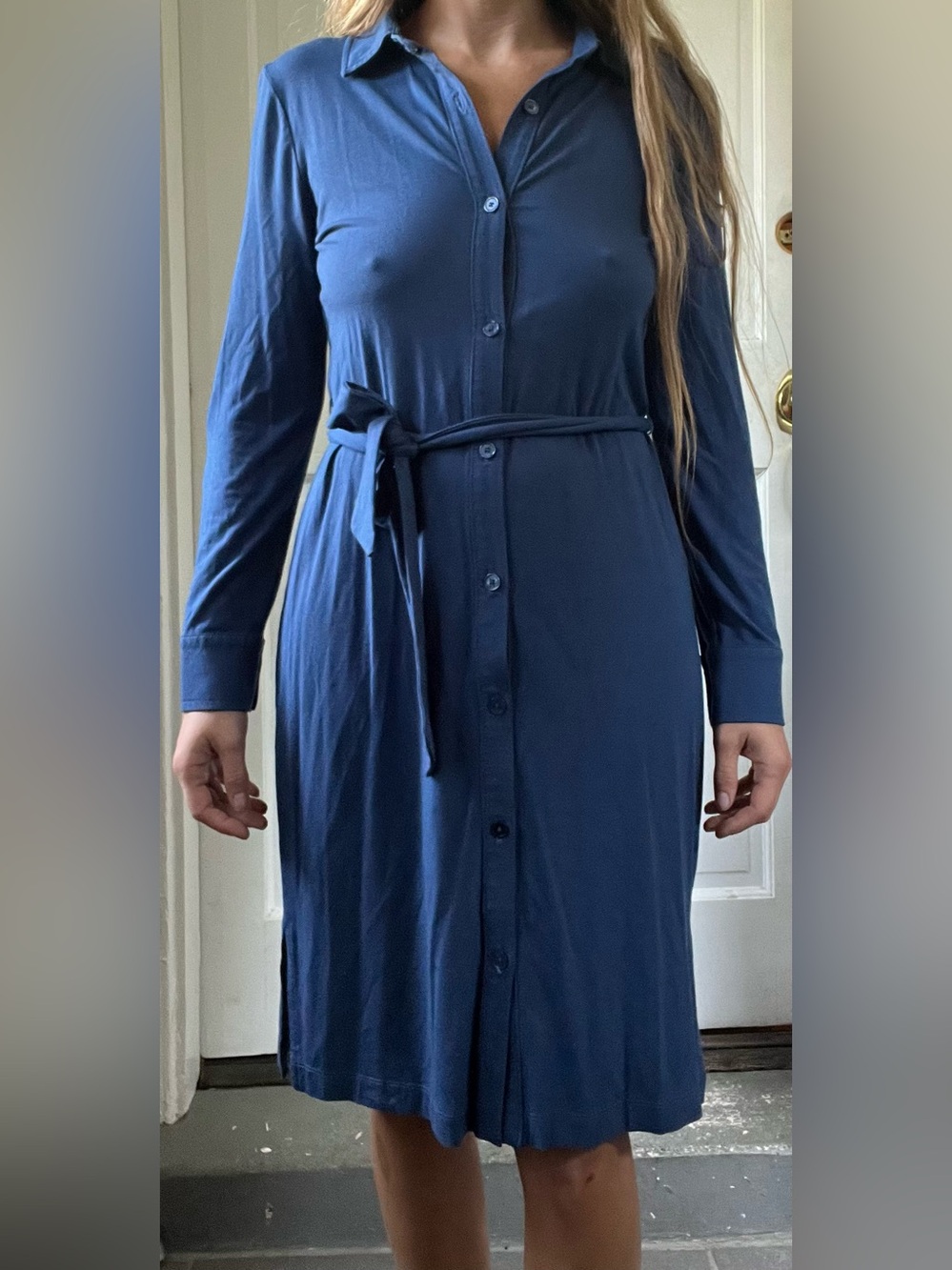 Talbots Slate Blue Jersey Knit Belted Button Front Shirt Dress Women's - SP